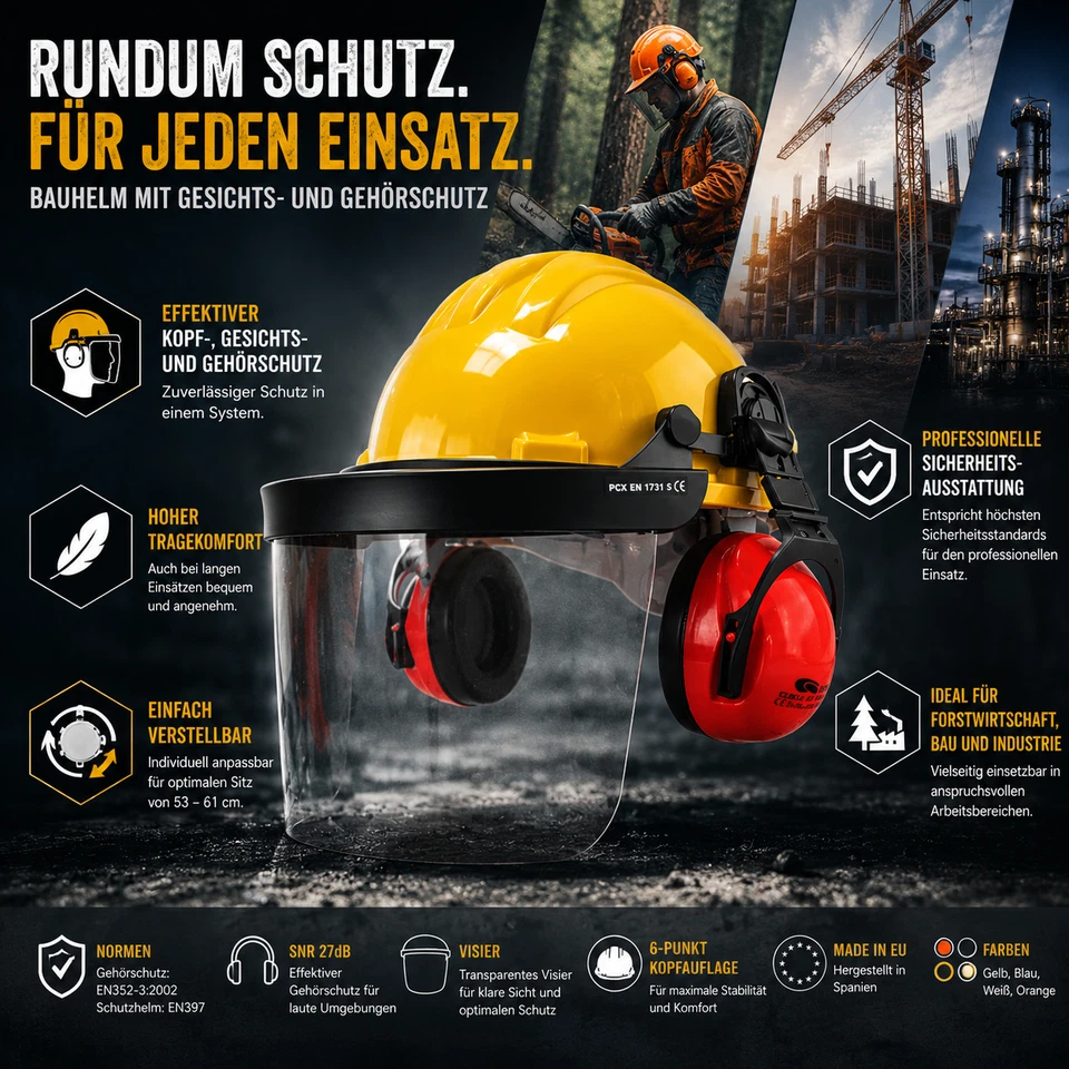 Profi Bauhelm mit Gesichtsschutz und Gehörschutz Helm Schutzhelm versch. Farben - Bild 2 von 4
