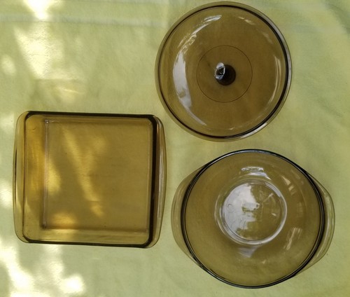 Lote de 3 piezas Cazuela de cristal ámbar Corning PYREX con tapa y panadero cuadrado - Imagen 2 de 3