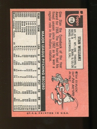 1969 TOPPS SET BREAK # 118 STAN WILLIAMS INDIANS NM OR BETTER HIGH GRADE - Picture 2 of 2