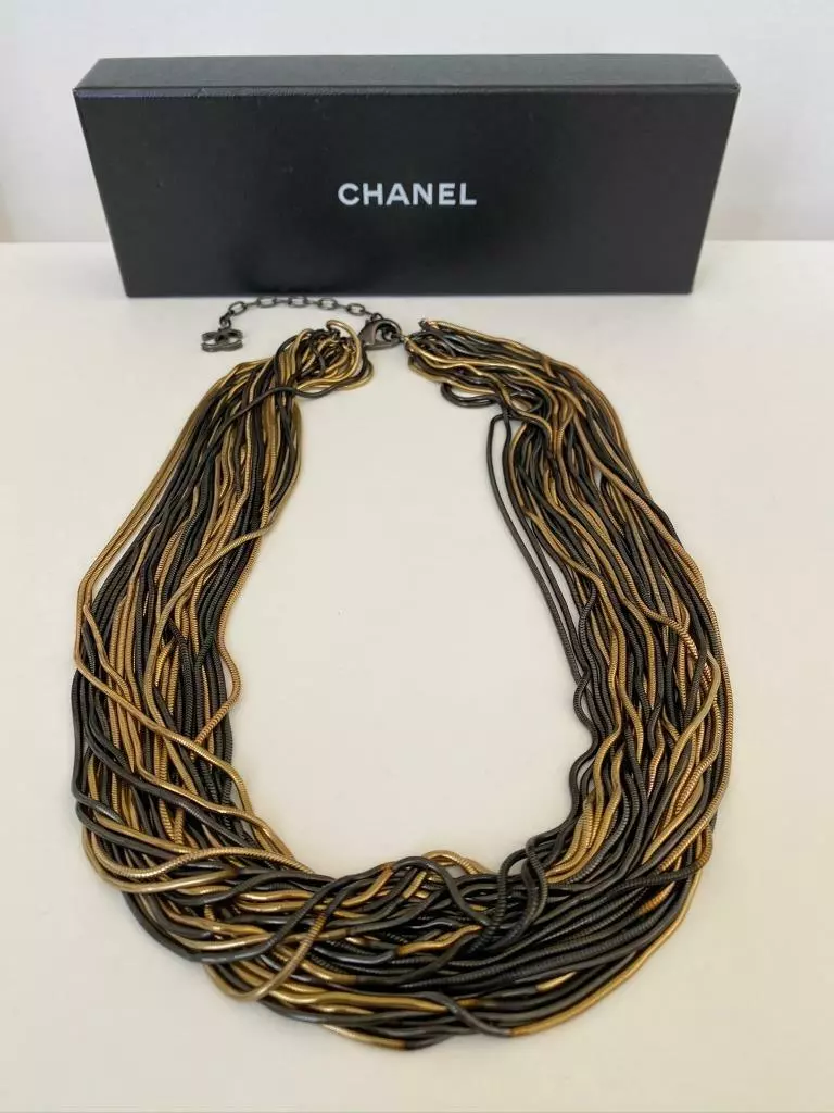 CHANEL Multi Strand Black Gold Rope Chain CC Logo Collar Necklace