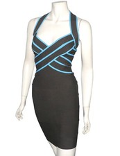 HERVE LEGER - ROBE BANDAGE MARRON ET RAYURES TURQUOISE -  dress