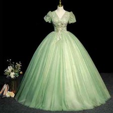 Green Ball Gown Women Evening Dresses Appliques Tulle Prom Birthday Party Gowns