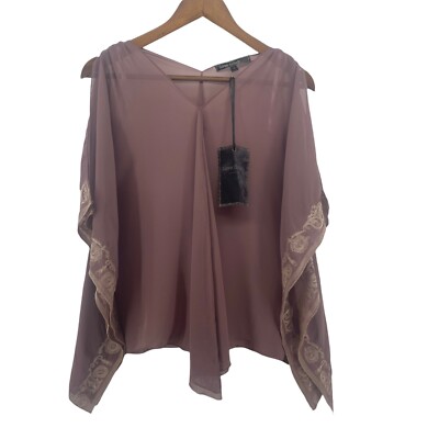 Love Stitch Shirt Small Brown Cold Shoulder Kaftan Embroidered