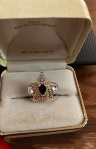Authentic Gold Plated Circa 1990s Black and Clear Stone Royal Crown Ring Size 6.5