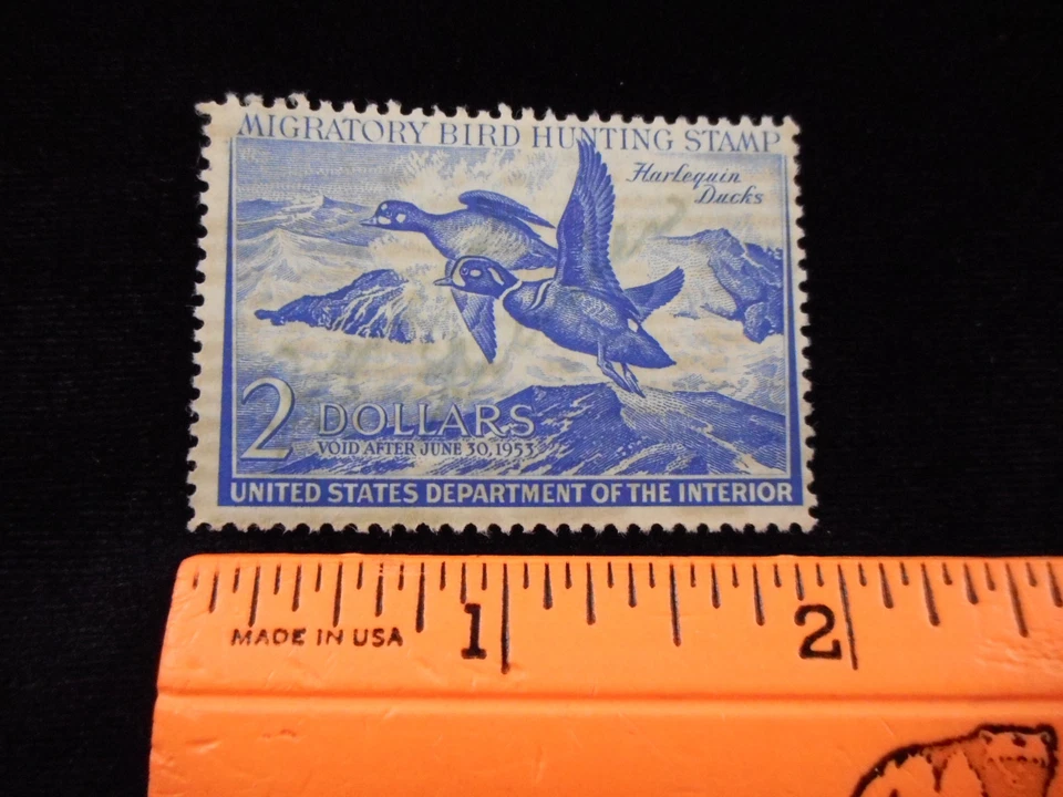 US Federal Duck Hunting Stamp 1952 1953 $2 Harlequin Blue Signed Migratory Bird - Image 3 of 4