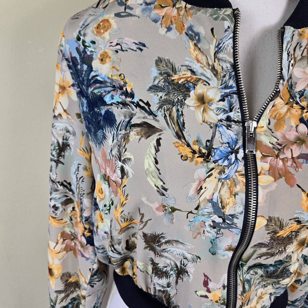 Zara Womens Jacket S Floral Crop Zip Up Lined Bomber Basic