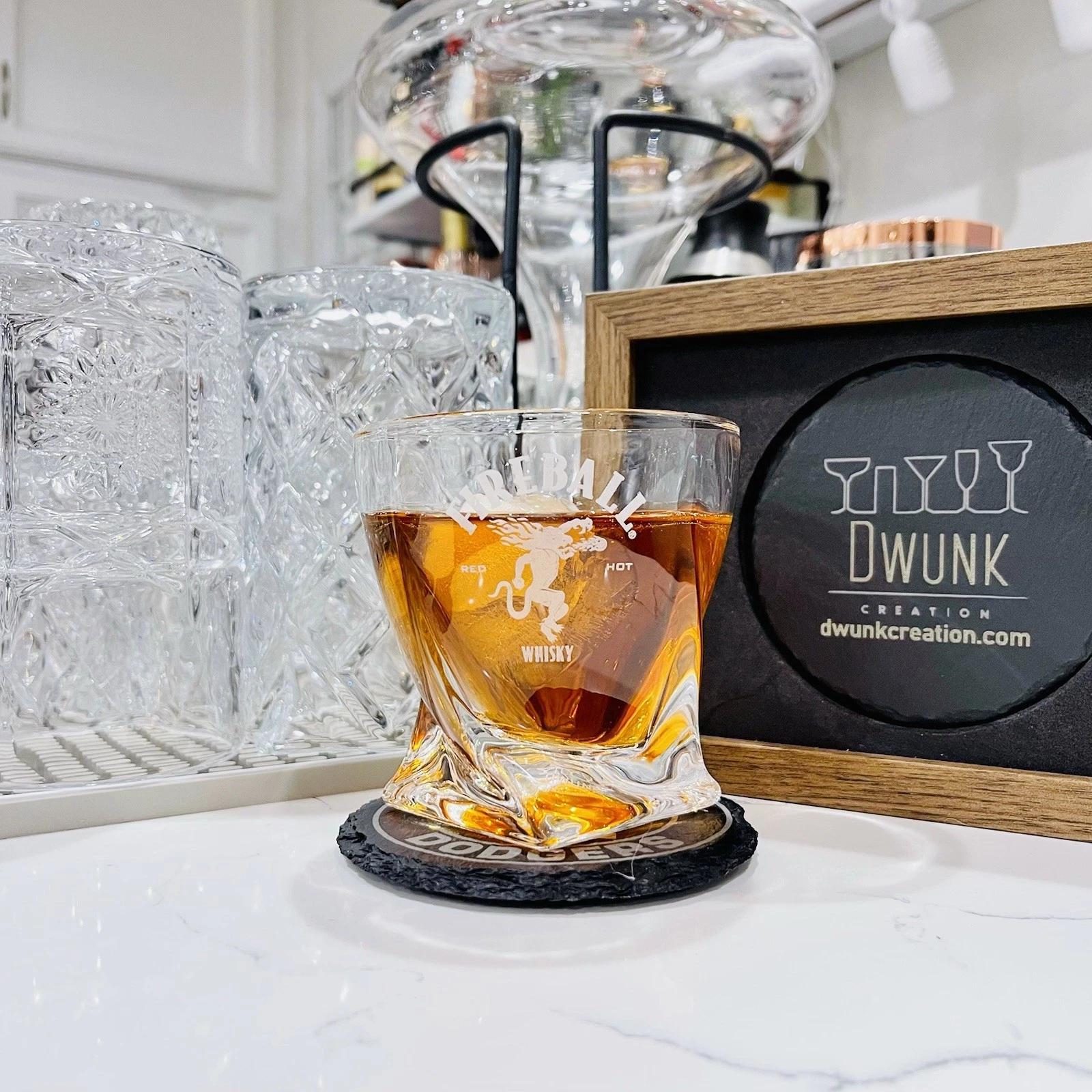 Engraved Fireball Twisted Whiskey Glass, Rocks Glass