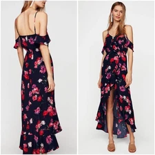 Express Floral Ruffle Cold Shoulder Wrap Maxi Dress - S | Small