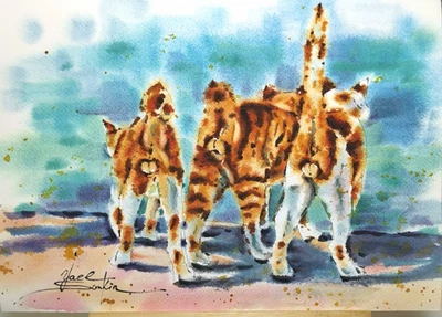 Peinture originale aquarelle curieux chats au gingembre - animaux art mural... - Photo 1/3