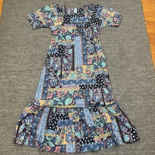 Vintage Royal Palm Hawaiian Dress Women 10 Blue Floral Ruffle Maxi Square Neck