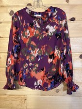 HOTOUCH Floral Blouse Womens M Purple Abstract V Neck Long Sleeve Top