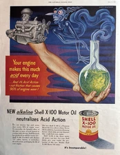 1951 Shell Motor Oil X-100 Alkaline Neutralizes Acid Action Auto VTG Print Ad