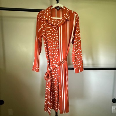 LULUS Via Dolce Rust Orange Mixed Polka Dot Stripe Midi Shirt Dress Large