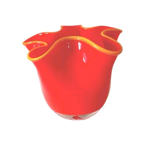 Vintage Murano Art Glass Style Handkerchief  Vase Vibrant Orange/ Yellow Colors