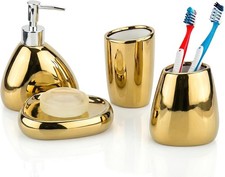4 Pcs Gold Bathroom Accessories Set W/ Toothbrush Holder Soap Dispenser Tumbler