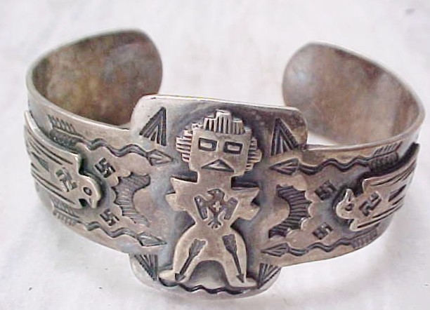 FAB FRED HARVEY ERA SILVER CUFF T-BIRDS. KACHINA WHIRLING LOGS, SUNS,ARROWS-NR