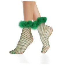 Womens Ruffle Fishnet Socks With Fake Feather Cuffs - One Size Dark Green