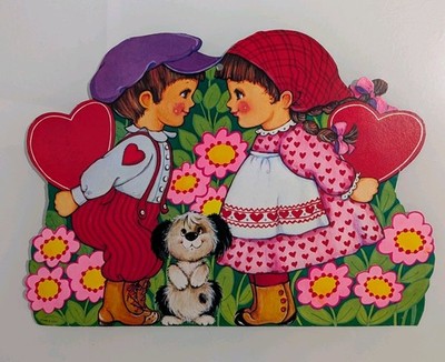 Vintage Valentine's Day Cardboard Die Cut Kids And Their Dog Double Sided