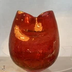 MCM Fenton  Red Crackle Glass Pinch Top Vase 5” Tall Hand Blown