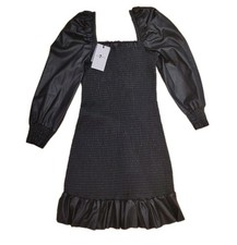 7 For All Mankind Black Faux Leather Smocked Dress Puff Sleeve Square Neck NWT S