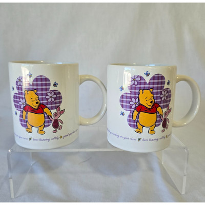 2 Disney Winnie the Pooh & Piglet Ceramic Mugs Purple Clover 12oz Bees Buzzing