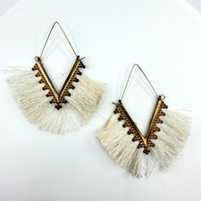 Vintage Boho Chic Cream White Tassel Fringe Chevron V Shaped Drop Hoop Earrings