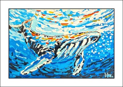 Whale 5x7 LE Print Deep Blue Ocean with Sunshine Colors   Ink & Acrylic Original