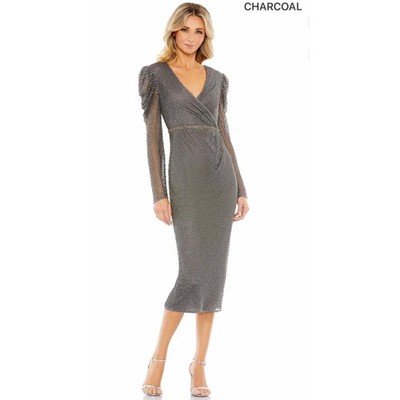 Mac Duggal Beaded  Wrap Midi Dress Gunmetal Grey Rhinestone Waist Size 18