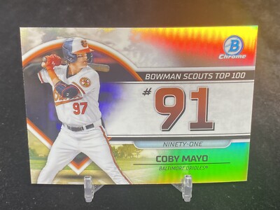 COBY MAYO 2023 BOWMAN CHROME #BTP-91 SCOUTS TOP 100 PROSPECT INSERT / ORIOLES