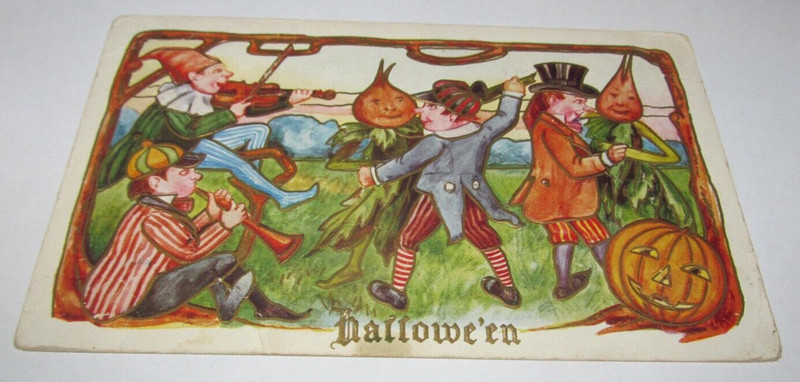 Halloween Postcard Witch Anthropomorphic Pumpkin Gourd Veggie People Dancing