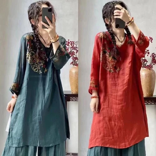 Retro Women Ethnic Embroidered Dress V Neck Chinese Floral Midi Tops Shirt Dress - Picture 8 of 22