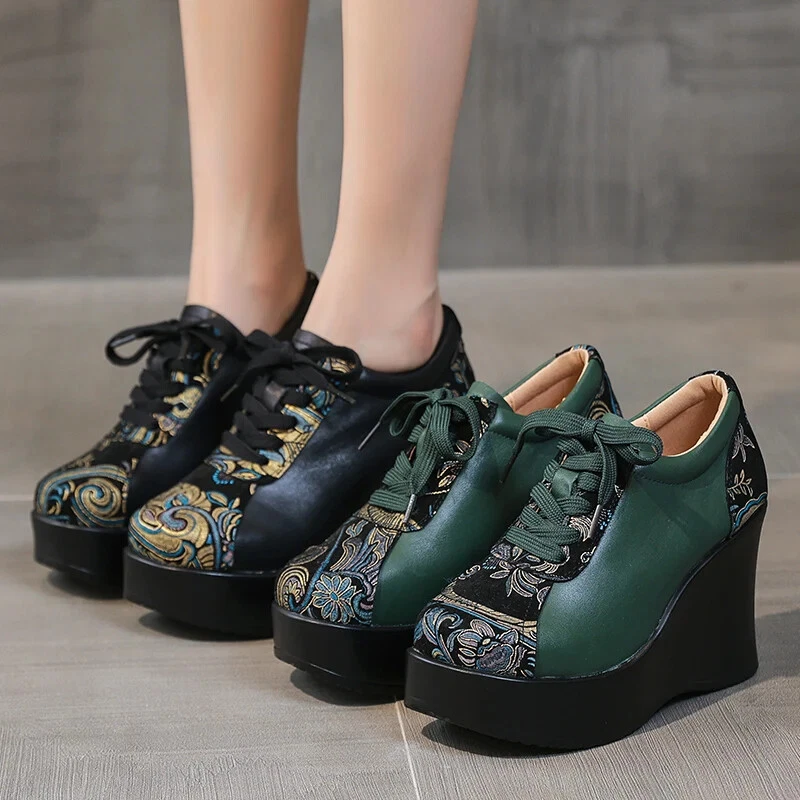 Women Leather Sandals Ethnic Lace-Up Wedge Heels Retro Platform Shoes