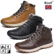 Mens Fur Lined Outdoor Warm Shoes Winter Snow Boots Hiking Cotton Leather Ankle