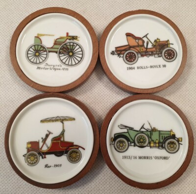 Vintage 4er Set Keramik und Holz Untersetzer mit Auto Designs Rolls Royce