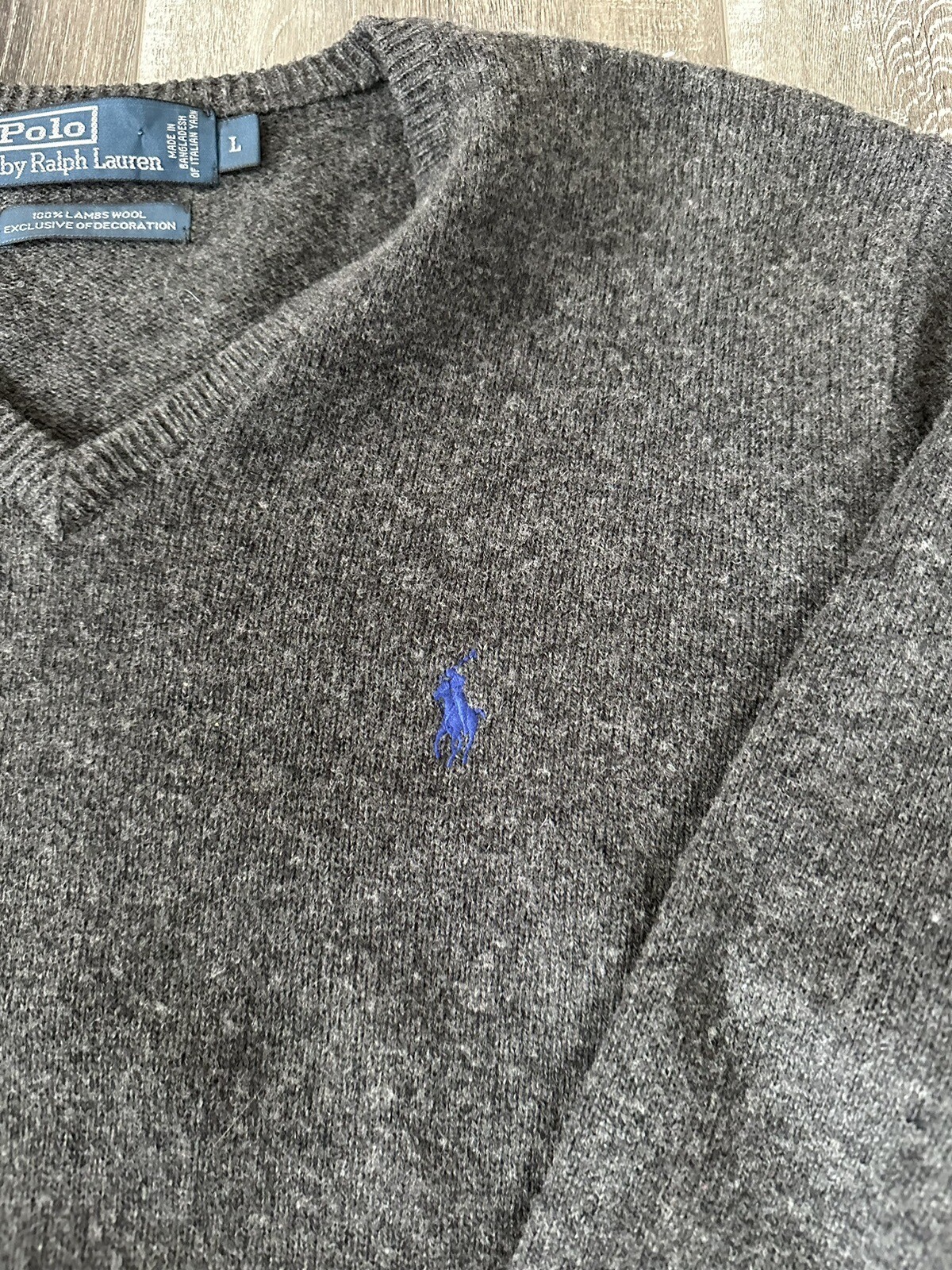PONY POLO RALPH LAUREN taglia L maglione uomo 100% filato italiano lana agnello scollo a V grigio