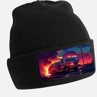 Black Fire Truck Print Beanie Hat - Unisex Cap, Cotton