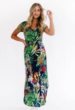 Hailey & Co Maxi Dress Sz M Tropical Print Short Sleeves Slits Vacation