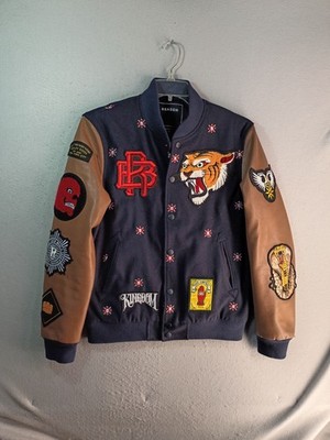 Reason Clothing Kingdom Varsity Jacket Adult Medium Navy Brown Faux Leather