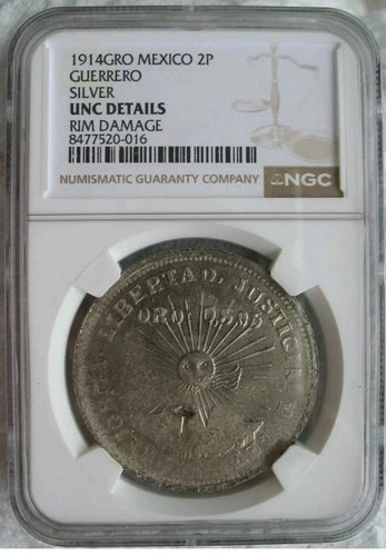 1914 GRO Mexico Guerrero Silver 2 Pesos NGC UNC-Details