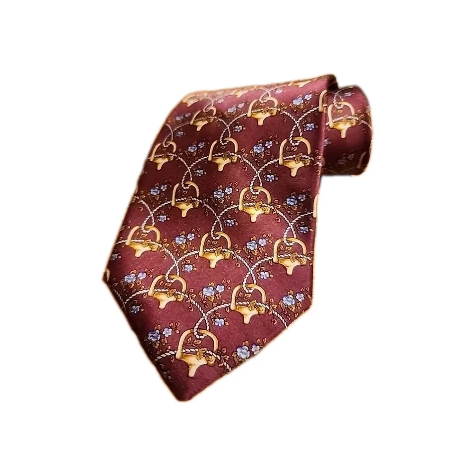 Corbata de diseño 100 % seda azul granate tostado dorado clásico 57" Bill Bass Foto 2 de 4