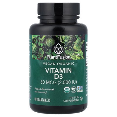 2 X PlantFusion, Organic Vegan Vitamin D3, 50 mcg (2,000 IU), 60 Vegan Tablets