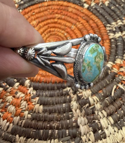 Navajo Native Sterling Silver Sonoran Gold Turquoise Handmade Old Style Bracelet - Picture 13 of 15