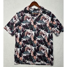 Cinch ArenaFlex Mens Small Tropical Palm Print Polo Shirt Burgundy Teal Stretch