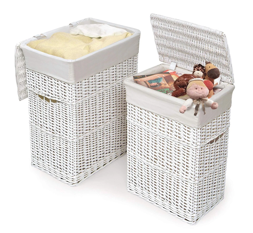 Wicker Nursery Laundry Hampers with Liners and Lid - Set of 2 - White/White - Image 4 of 4