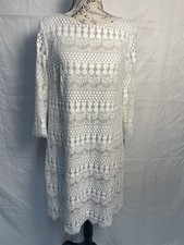 Eliza J Lace Dress Size 8 Ivory Fringe Hem Shift 3/4 Sleeve Boho Wedding Guest N