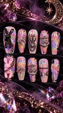 Long Stiletto Nail Set, Reusable Press-On Nails, Sparkly 3D Nail Art, Gothic Gla