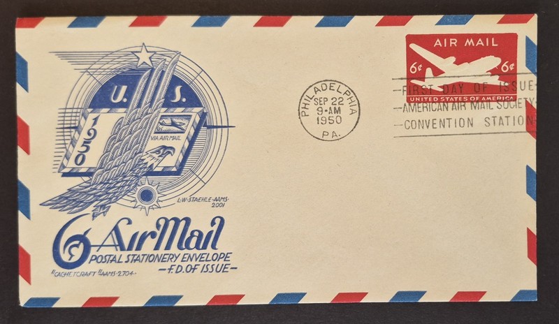 1950 First Day Cover US Scott UC18 Air Mail Embossed Envelope FDC Staehle Cachet