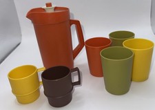 Vintage Tupperware Toys Mini Pitcher 5" Orange w/Lid, 2 Mugs 4 Tumblers EUC