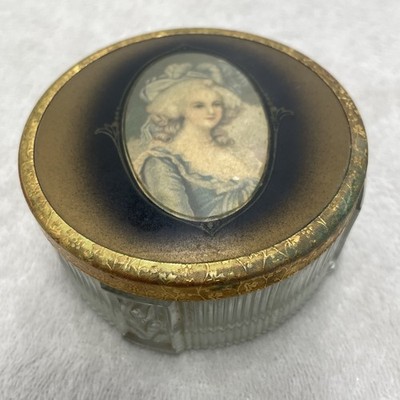 Vtg Powder Jar Victorian Lady Brass Tone Lid w/ Ribbed Glass Trinket Jewelry Box
