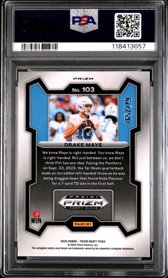 Drake Maye PSA 8 PANINI PRIZM 2024 DRAFT PICKS BLUE WAVE ROOKIE RC #'d /249  - Image 2 of 2